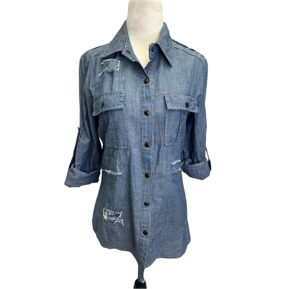 Tribeca Blue Chambray Button Down Destructed Shirt Size S